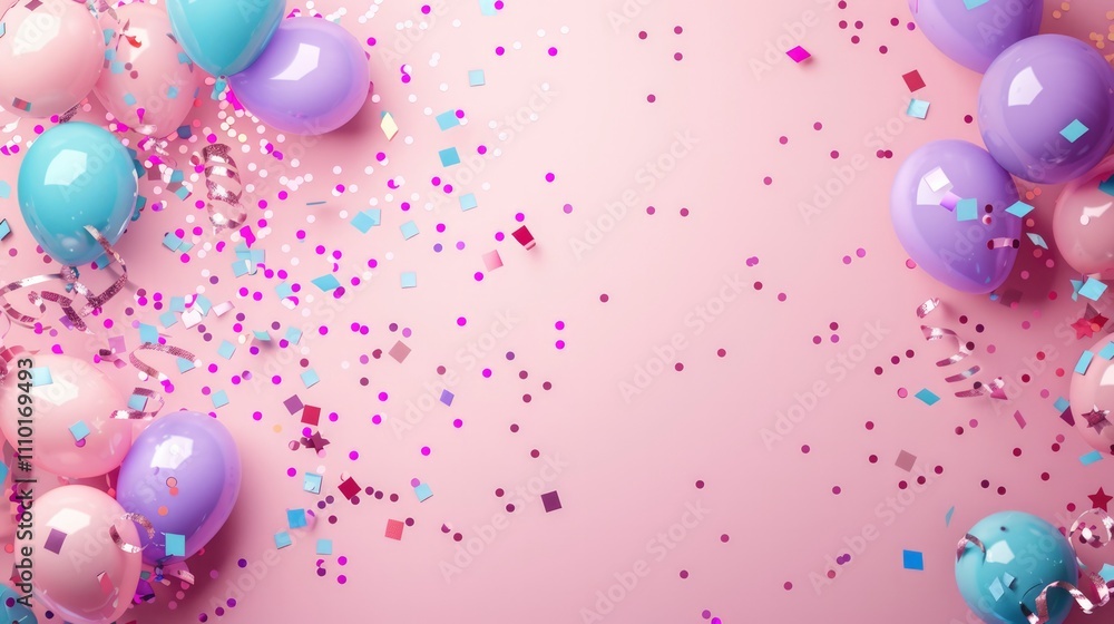 Festive background. Pink balloons with confetti on pink background. Birthday card, holiday, place for text. Partying and celebration. Children's party concept Festive background. Pink balloons with confetti on pink background. Birthday card, holiday, place for text. Partying and celebration. Children's party concept