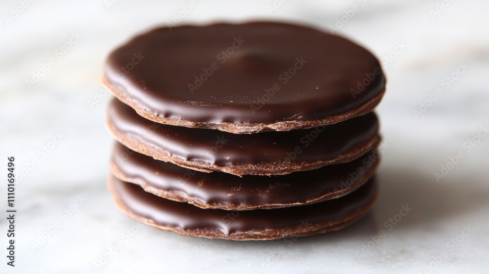 Chocolate coated biscuits stacked on a marble surface showcasing a delicious dessert treat suitable for advertising and culinary purposes. Chocolate coated biscuits stacked on a marble surface showcasing a delicious dessert treat suitable for advertising and culinary purposes.