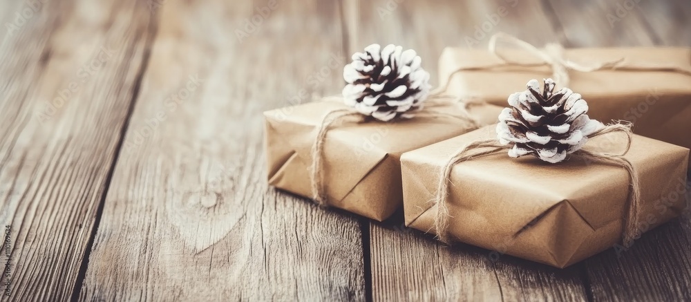 Rustic Christmas background with handcrafted gifts and pinecones on a wooden table, evoking holiday warmth and festive spirit. Rustic Christmas background with handcrafted gifts and pinecones on a wooden table, evoking holiday warmth and festive spirit.