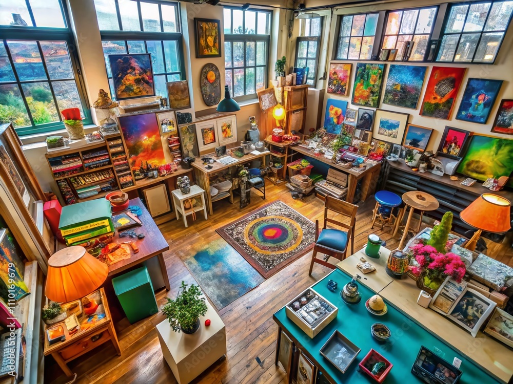 Aerial View of a Vibrant Art Studio Blending Retro Technology with Contemporary Art, Showcasing Innovative Designs and Tactile Experiences Amidst a Creative Atmosphere Aerial View of a Vibrant Art Studio Blending Retro Technology with Contemporary Art, Showcasing Innovative Designs and Tactile Experiences Amidst a Creative Atmosphere