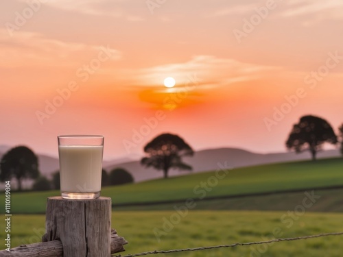 Glass of Milk in a Pastoral Sunset Scene. photo