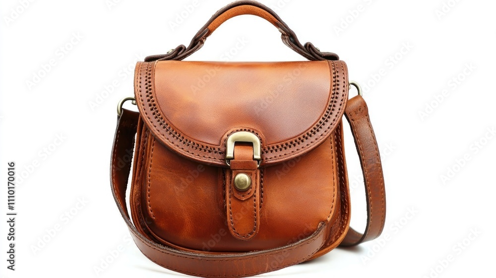 Brown leather casual pouch bag with decorative stitching isolated on white background Brown leather casual pouch bag with decorative stitching isolated on white background