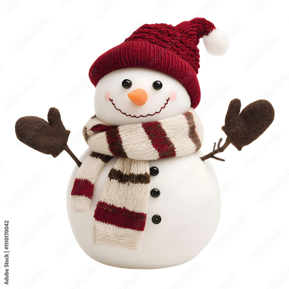 Cheerful snowman wearing a red knitted hat and a striped scarf, with a smile and raised arms, against a white isolated background. Cheerful snowman wearing a red knitted hat and a striped scarf, with a smile and raised arms, against a white isolated background.