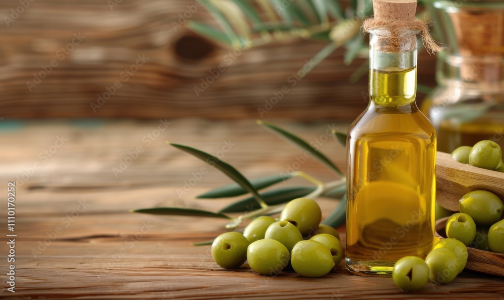 Fresh Olive Oil with Green Olives on Rustic Wooden Table - Ideal for Culinary and Health Projects with copy space. Fresh Olive Oil with Green Olives on Rustic Wooden Table - Ideal for Culinary and Health Projects with copy space.