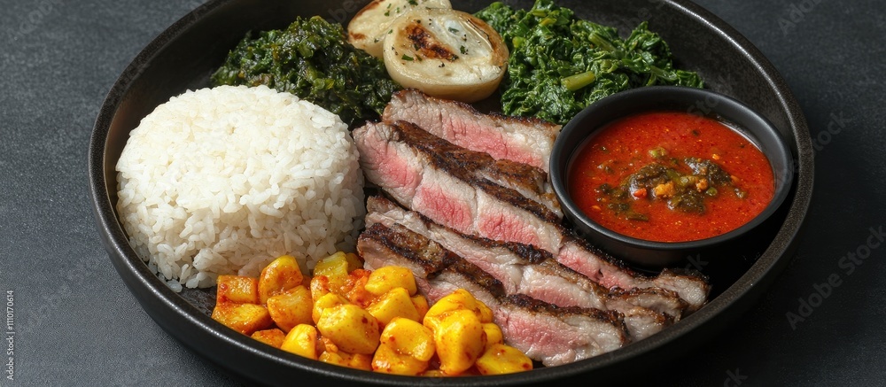 Grilled pork with sauce served alongside steamed rice and mixed vegetables on a stylish black plate Grilled pork with sauce served alongside steamed rice and mixed vegetables on a stylish black plate