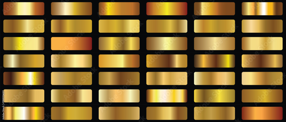 Gold foil texture background set. Vector golden, copper, brass and metal gradient template.Collection of luxury gold gradient background. Vector template design for border, frame ribbon.