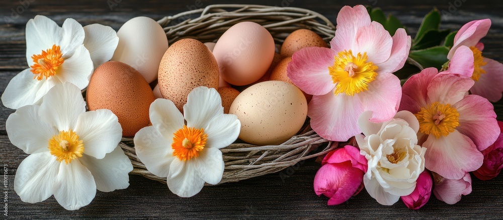 Decorative brown eggs in a basket with white and pink flowers on a wooden background for a festive holiday atmosphere Decorative brown eggs in a basket with white and pink flowers on a wooden background for a festive holiday atmosphere