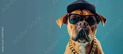 Funny dog posing as hip hop or rap superstar wearing baseball cap and dark sunglasses with golden chain with copy space.