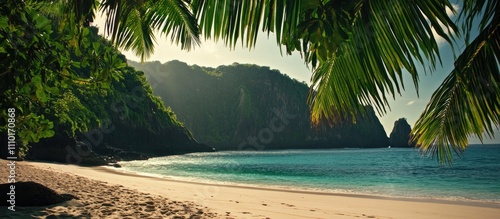 Tropical beach landscape with palm trees and serene ocean waves under a bright sky for vacation and travel themes photo