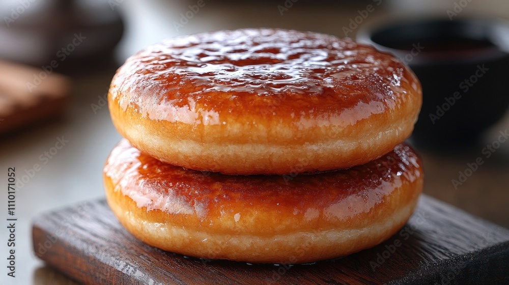 Dorayaki Japanese pancake dessert filled with sweet bean paste stacked on a rustic wooden board with a traditional bowl in the background Dorayaki Japanese pancake dessert filled with sweet bean paste stacked on a rustic wooden board with a traditional bowl in the background