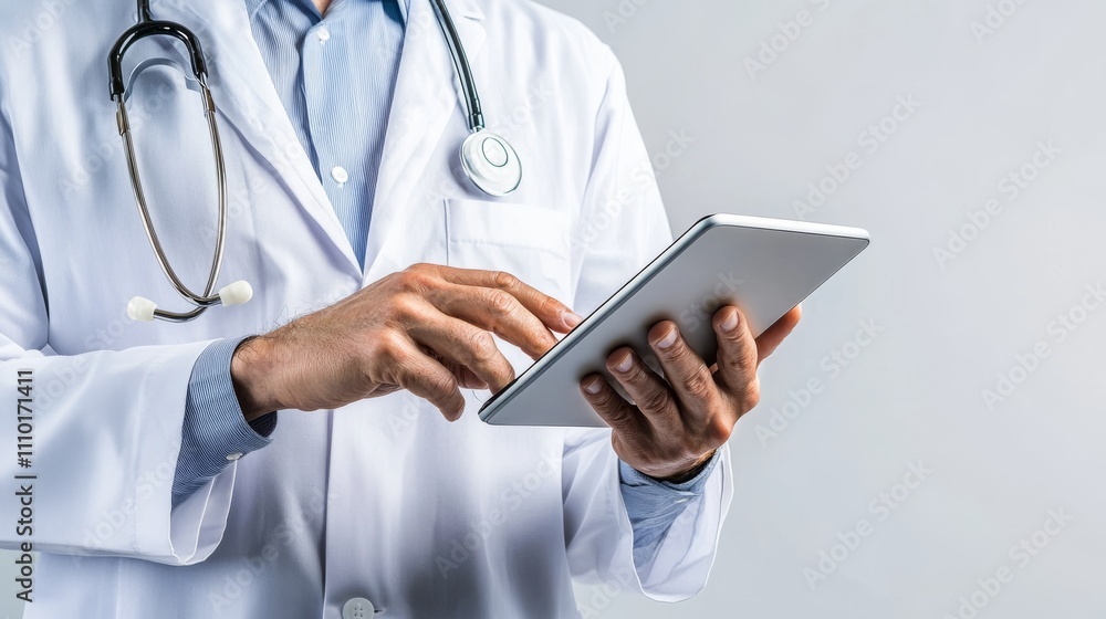 A healthcare professional using a tablet, wearing a lab coat and stethoscope, symbolizing modern technology in medicine. A healthcare professional using a tablet, wearing a lab coat and stethoscope, symbolizing modern technology in medicine.