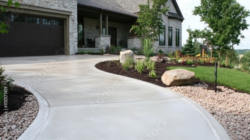 Wallpaper Mural Elegant concrete driveway leading to a modern home surrounded by lush landscaping and natural stone accents. Torontodigital.ca