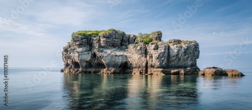 Scenic rock island in tranquil waters framed by clear skies in a serene national park setting. Ideal for nature and travel themes. photo