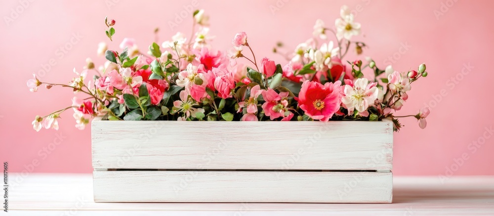 Elegant floral arrangement in a wooden box featuring pink and white flowers on a soft pink background for luxury decor inspiration Elegant floral arrangement in a wooden box featuring pink and white flowers on a soft pink background for luxury decor inspiration