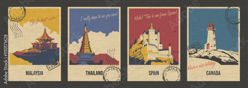 Canada, Malaysia, Thailand, Spain Attractions Postcard Set, Lighthouse, Pagoda, Temple, Castle Popular Place Illustrations, Vector Templates Retro Style Greeting Cards. Aged Paper Text