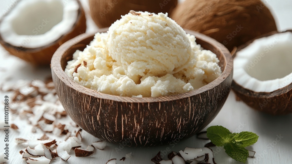 Coconut ice cream served in a wooden bowl with fresh coconut pieces on a white background garnished with mint leaves Coconut ice cream served in a wooden bowl with fresh coconut pieces on a white background garnished with mint leaves
