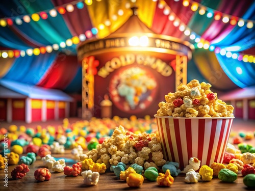 Aerial View of Colorful Popcorn in Circus Theme with Blurred Background of a Vibrant Show, Ideal for World Circus Day Celebrations, Posters, and Event Promotions