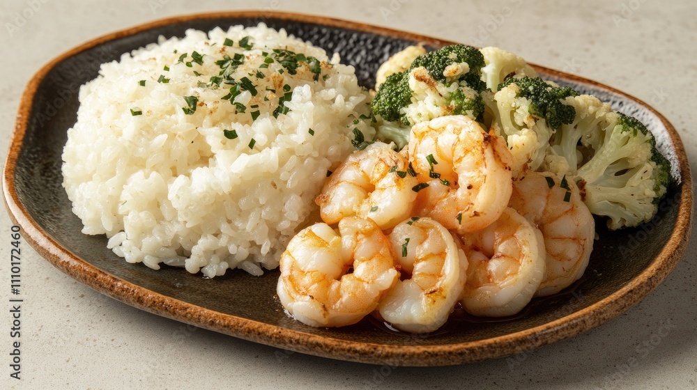 Cooked shrimp served with fluffy rice and sautéed green cauliflower on a stylish plate for a delicious meal presentation Cooked shrimp served with fluffy rice and sautéed green cauliflower on a stylish plate for a delicious meal presentation