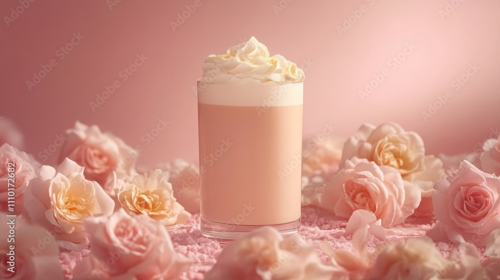 Melange coffee is beautifully presented in a glass, topped with creamy whipped cream, surrounded by delicate pink roses that add a romantic and serene ambiance. Melange coffee is beautifully presented in a glass, topped with creamy whipped cream, surrounded by delicate pink roses that add a romantic and serene ambiance.