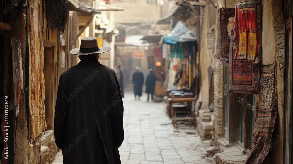 Man in a Hat Walking Through a Narrow Street in a Traditional Market Man in a Hat Walking Through a Narrow Street in a Traditional Market