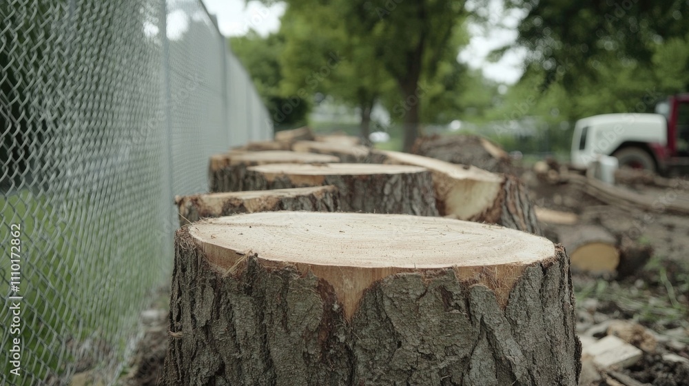 Freshly cut tree stumps aligned beside a chainlink fence with a construction site backdrop showcasing urban forestry and development contrast