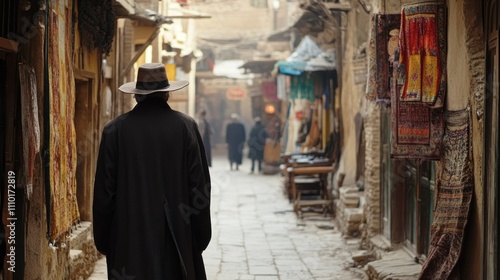 Man in a Hat Walking Through a Narrow Street in a Traditional Market