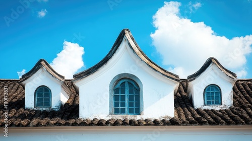 Close up of vintage Sino Portuguese architecture showcasing unique roof design and windows against a vibrant blue sky and fluffy clouds photo