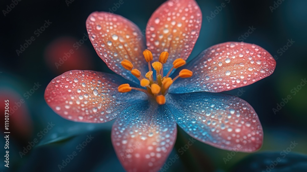 Vibrant close-up of a colorful flower with dewdrops showcasing intricate petals and lush greenery in a serene natural setting Vibrant close-up of a colorful flower with dewdrops showcasing intricate petals and lush greenery in a serene natural setting