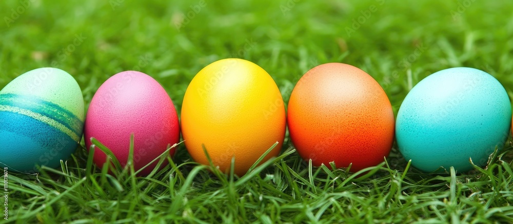 Vibrant colored Easter eggs arranged on lush green grass celebrating the festive season and springtime traditions. Vibrant colored Easter eggs arranged on lush green grass celebrating the festive season and springtime traditions.