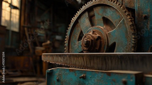 Rusty steel band saw machine close up showcasing intricate gears and saw blade in an industrial workshop setting. photo