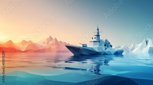 A stylized ship navigates calm waters amidst geometric mountains at sunset.