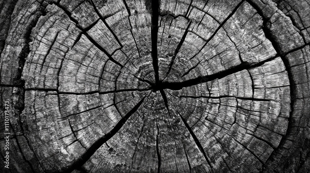 Fototapeta premium Detailed close-up of weathered cracked wood texture showcasing intricate circular growth rings and unique grain patterns in monochrome.