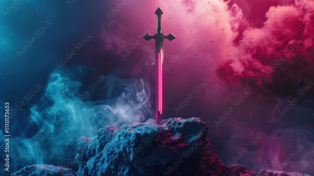Naklejka premium Great sword stuck in rock, with dark evil smoke and neon light effect, game scene