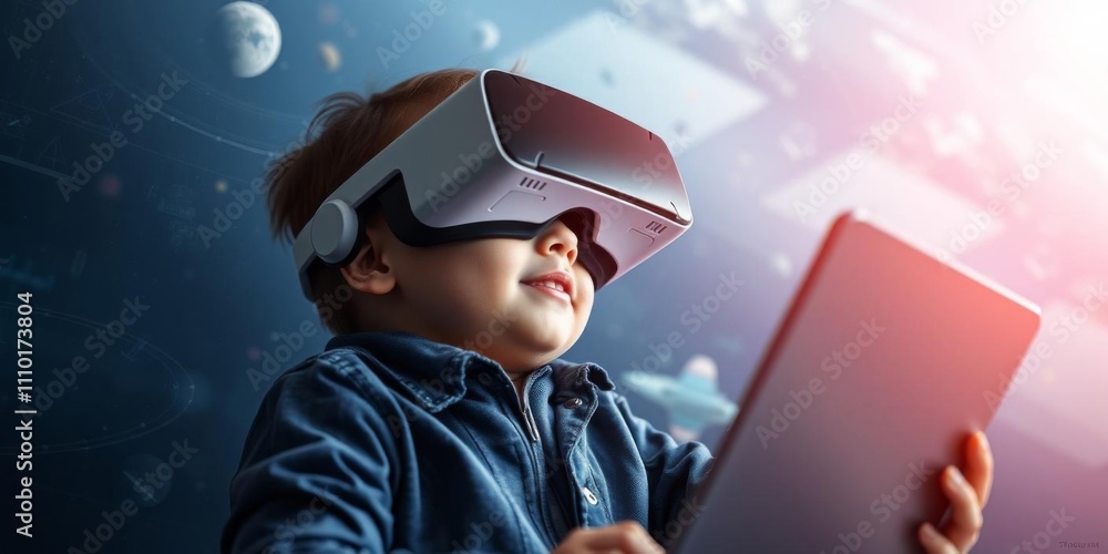 A young boy wearing virtual reality glasses explores a virtual space to learn about geography and the future of technology, geography, online A young boy wearing virtual reality glasses explores a virtual space to learn about geography and the future of technology, geography, online