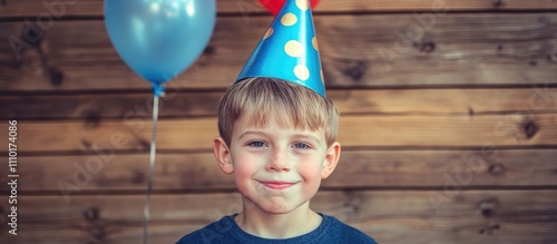 Cheerful boy in party hat with colorful balloons celebrating birthday joyfully with wooden background and warm selective focus effect photo