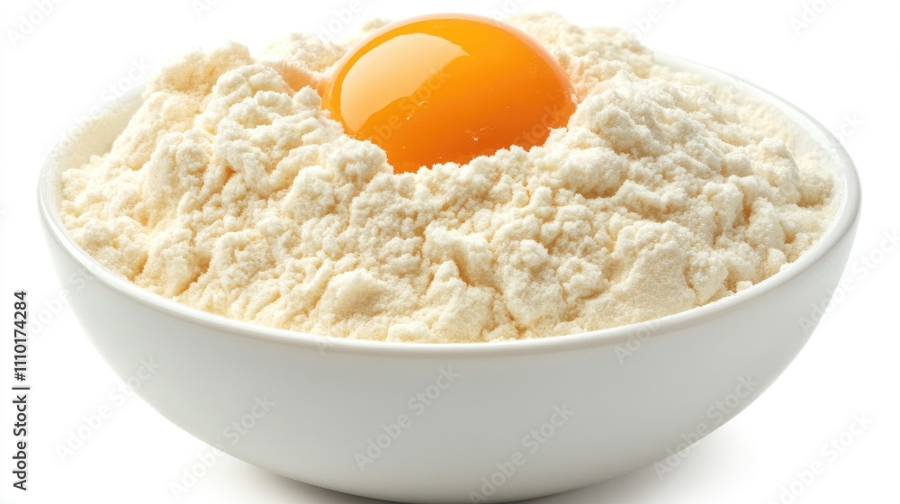 Bowl of flour with a whole egg yolk on top against a clean white background for culinary recipes or baking concepts Bowl of flour with a whole egg yolk on top against a clean white background for culinary recipes or baking concepts
