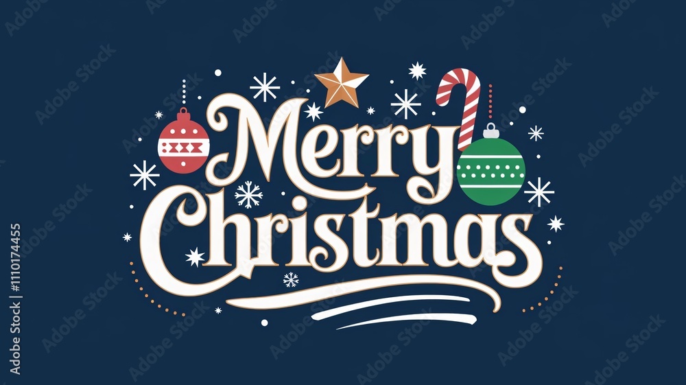 Naklejka premium Merry Christmas festive typography design with ornaments and snowflakes for holiday greeting cards, winter season, and xmas celebrations