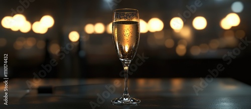 Elegant champagne glass with sparkling bubbles illuminated by warm bokeh lights creating a festive atmosphere perfect for celebrations. photo