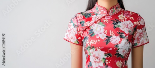 Close up of a woman in a floral cheongsam dress showcasing vibrant patterns against a minimalist white background photo