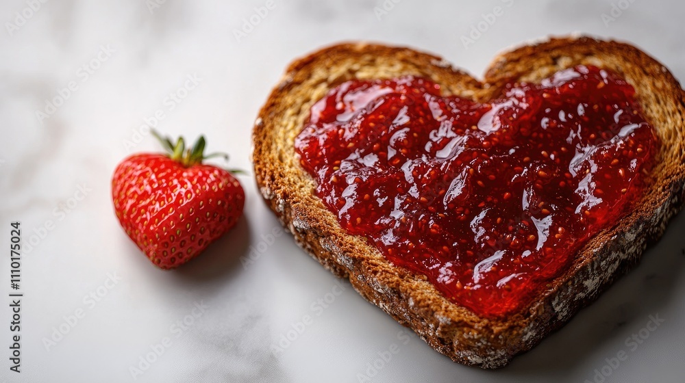 Heart-shaped toast with strawberry jam alongside a fresh strawberry on a smooth white surface perfect for love-themed promotions Heart-shaped toast with strawberry jam alongside a fresh strawberry on a smooth white surface perfect for love-themed promotions