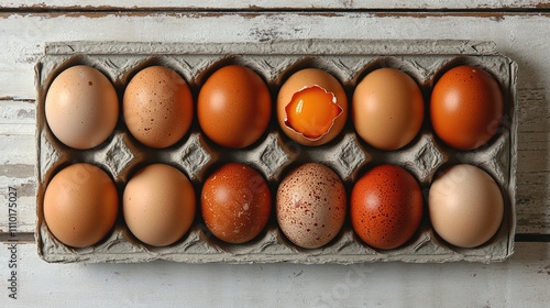 Rustic food photography of brown hen eggs in a carton with one yolk visible on a white wooden surface showcasing farm-fresh produce. photo