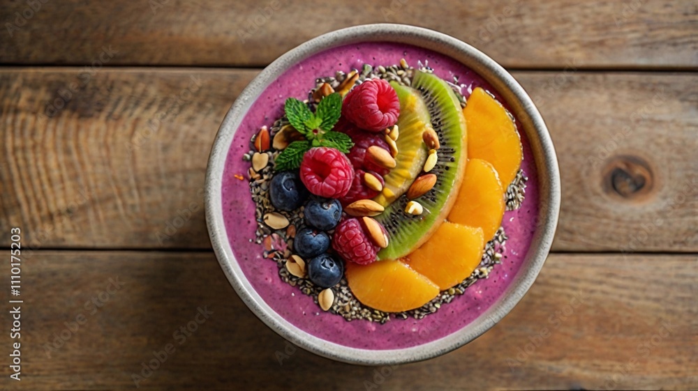 A vibrant smoothie bowl topped with sliced fruits, nuts, and chia seeds A vibrant smoothie bowl topped with sliced fruits, nuts, and chia seeds