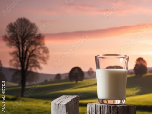 Glass of Milk in a Pastoral Sunset Scene. photo