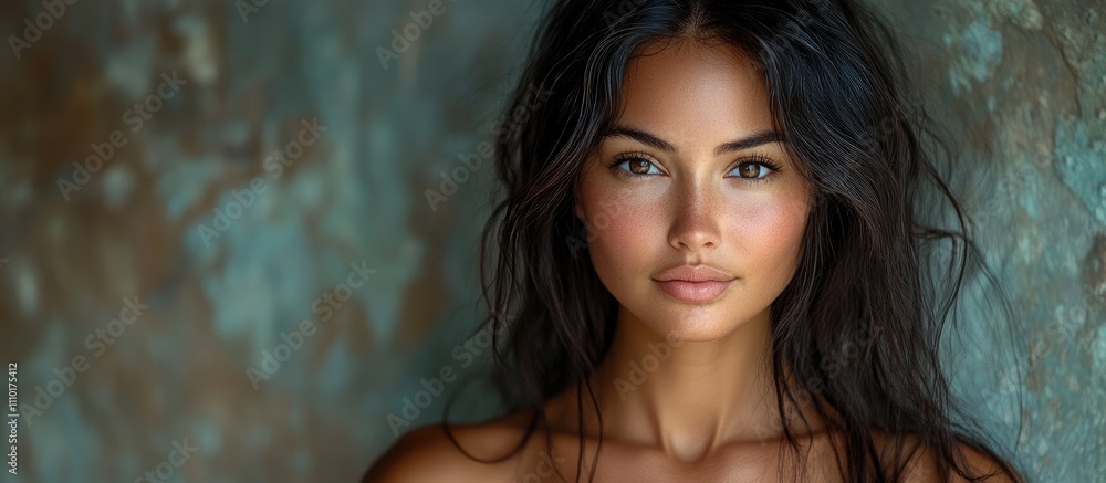 Exotic woman portrait with natural beauty and flowing hair against a textured dark background showcasing captivating facial features Exotic woman portrait with natural beauty and flowing hair against a textured dark background showcasing captivating facial features