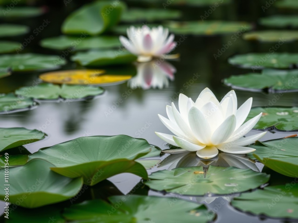 Beautiful white lotus flower with vibrant green leaf floating elegantly in serene pond, leaf, beauty Beautiful white lotus flower with vibrant green leaf floating elegantly in serene pond, leaf, beauty
