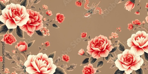 Wallpaper Mural Beautiful seamless pattern featuring vintage Chinese dragons and peonies embroidery design, perfect for t-shirt printing and textile art projects, seamless pattern, peonies Torontodigital.ca