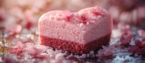 Delicious heart-shaped pink cakes adorned with edible flowers creating a romantic and festive dessert presentation