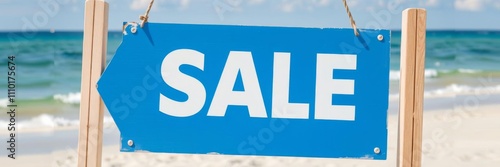 Blue and white 20 percent off sign on sandy beach outdoor setting with "20 percent off" in the middle, beach, offer