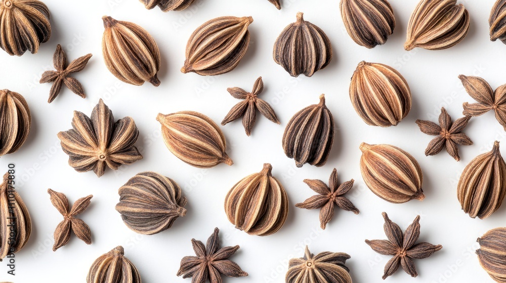 Caraway Seeds and Spice Variety Top View Macro Arrangement on White Background Caraway Seeds and Spice Variety Top View Macro Arrangement on White Background