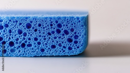 Blue cleaning sponge with textured surface isolated on neutral background ideal for household or cleaning product promotions photo